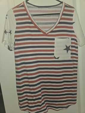 Reborn Striped V-Neck Tee in Navy and Dusty Pink